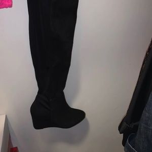 Black Wedge Microfiber Tall Boots